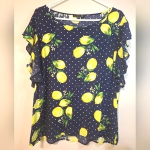 Smashed Lemon size 14 100% rayon Lightweight ruffle sleeve navy lemon blouse